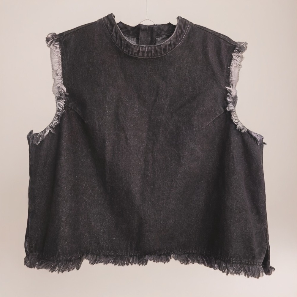 GAP 1969 Black Denim Mock Neck Frayed Raw Hem Denim Sleeveless Top XL